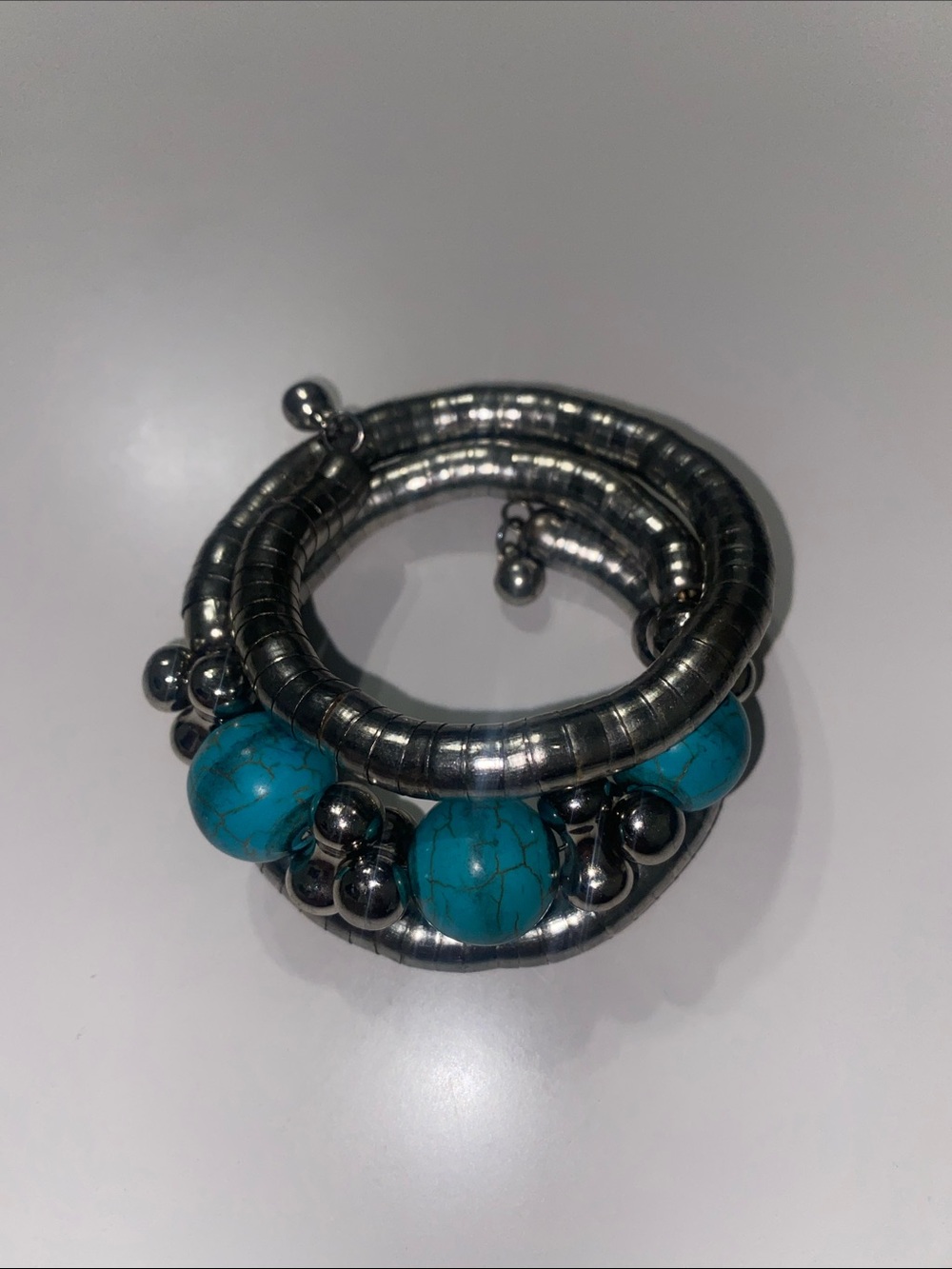 Turquoise Beaded Coil Bracelet - Silver Tone - Picture 1 of 4